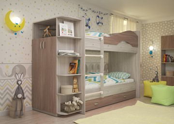 Детская 2-этажная кровать Мая на щитах со шкафом и ящиками, корпус Шимо светлый, фасад Шимо темный в Великом Новгороде