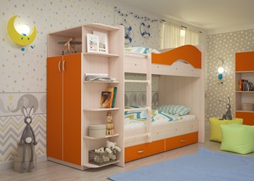 Двухэтажная кровать Мая на щитах со шкафом и ящиками, корпус Млечный дуб, фасад Оранжевый в Великом Новгороде