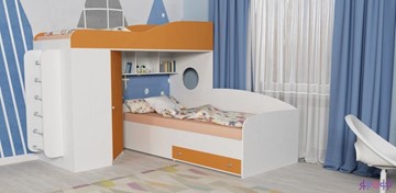 Детская кровать-шкаф Кадет-2 с металлической лестницей, корпус Белое дерево, фасад Оранжевый в Великом Новгороде