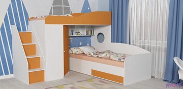 Детская кровать-шкаф Кадет-2 с универсальной лестницей, корпус Белое дерево, фасад Оранжевый в Великом Новгороде