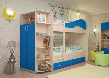 Двухэтажная детская кровать Мая на щитах со шкафом и ящиками, корпус Млечный дуб, фасад Синий в Великом Новгороде
