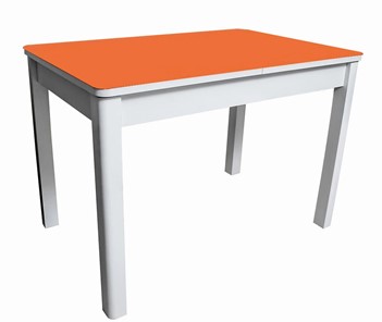 Раздвижной стол Айсберг-01 СТ2, белое ЛДСП/стекло оранжевое/прямые массив белый в Великом Новгороде