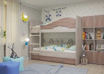 Детская двухэтажная кровать Мая с 2 ящиками на щитах, корпус Шимо светлый, фасад Шимо темный в Великом Новгороде - предосмотр
