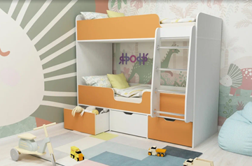 Детская двухэтажная кровать Малыш двойняшка 70х160, корпус Белое дерево, фасад Оранжевый в Великом Новгороде
