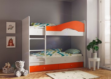 Детская 2-ярусная кровать Мая с 2 ящиками на щитах, корпус Млечный дуб, фасад Оранжевый в Великом Новгороде - предосмотр