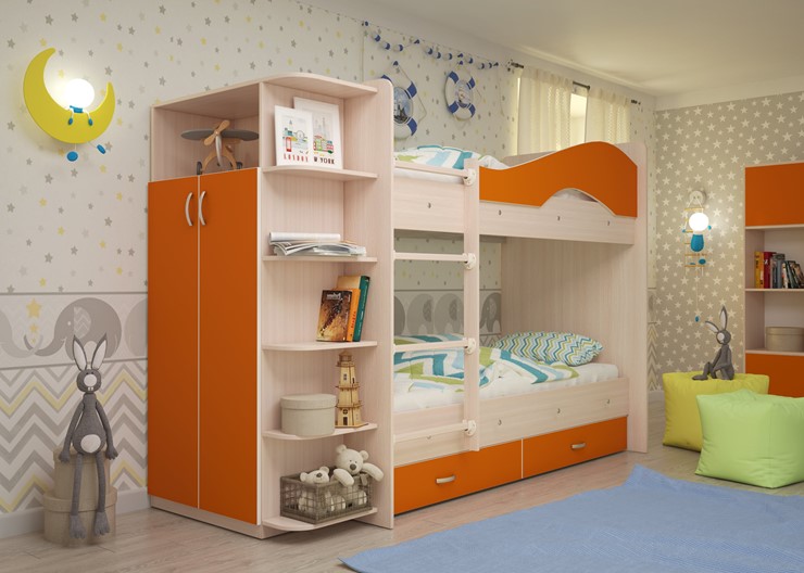 Детская 2-ярусная кровать Мая с 2 ящиками на щитах, корпус Млечный дуб, фасад Оранжевый в Великом Новгороде - изображение 1
