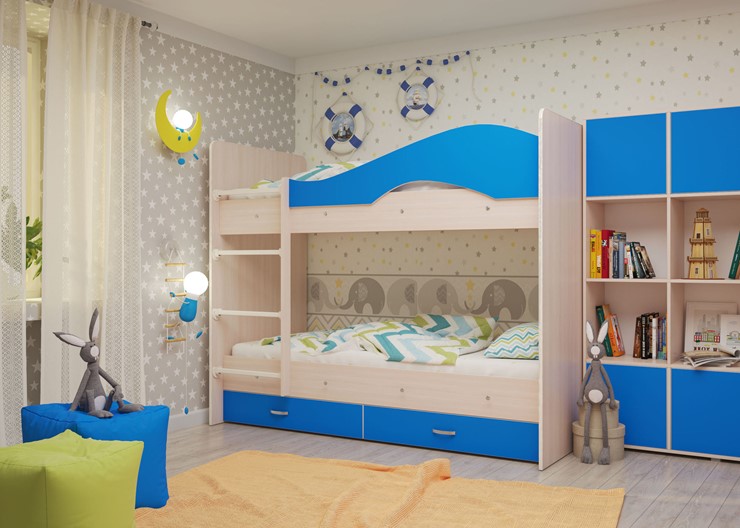 Двухъярусная детская кровать Мая с 2 ящиками на щитах, корпус Млечный дуб, фасад Синий в Великом Новгороде - изображение 3