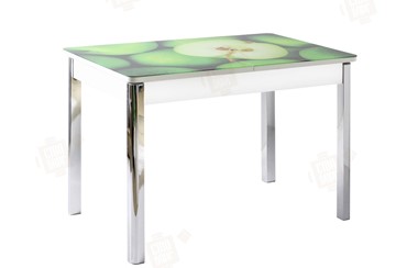 Кухонный стол раздвижной Айсберг-01 СТФ, белый/фотопечать зеленые яблоки/ноги хром квадратные в Великом Новгороде